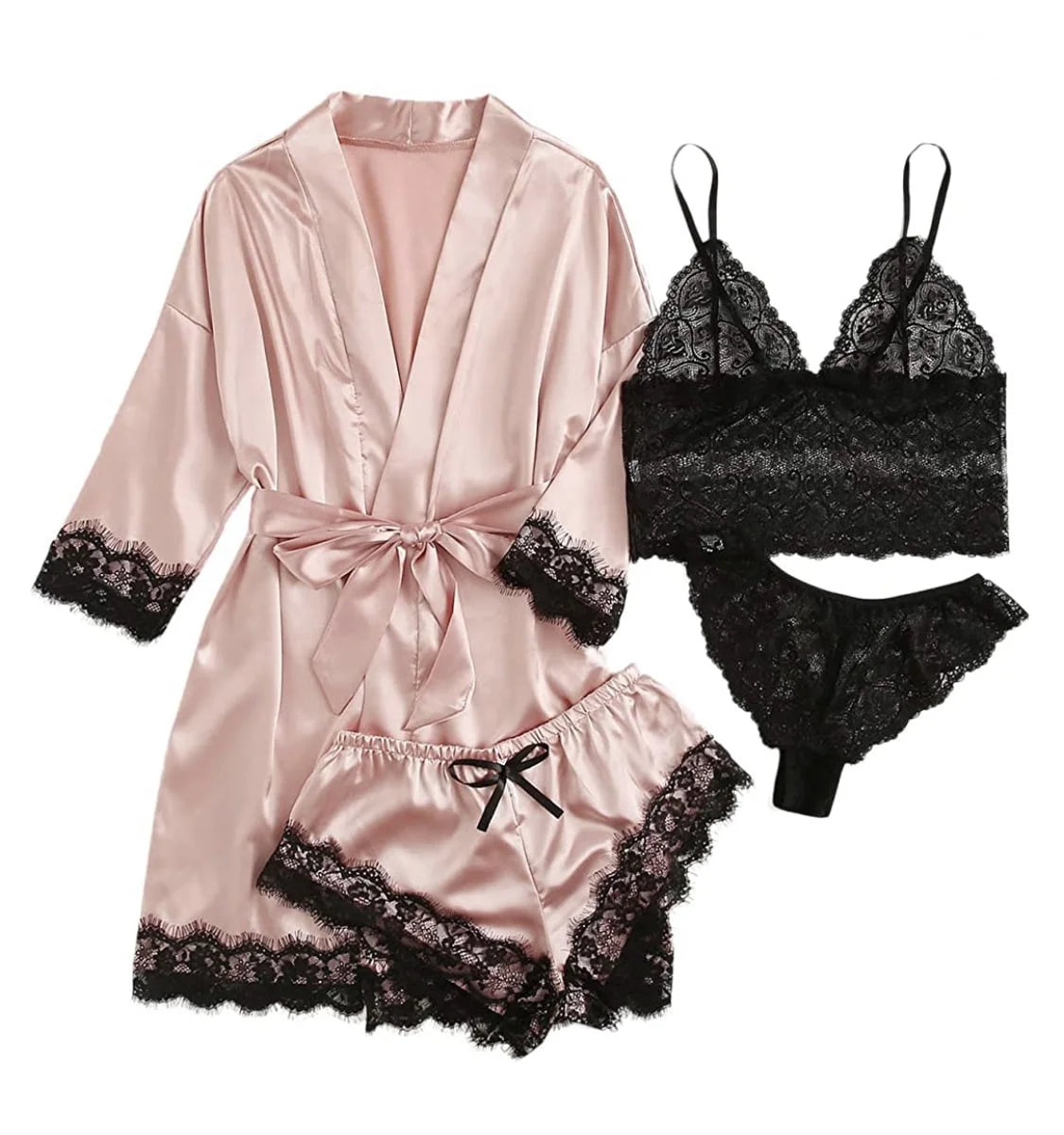 Robes for Women Satin Silk Pajamas Set 4Pcs Lace Trim Cami Sexy Lingerie Sleepwear Underwear