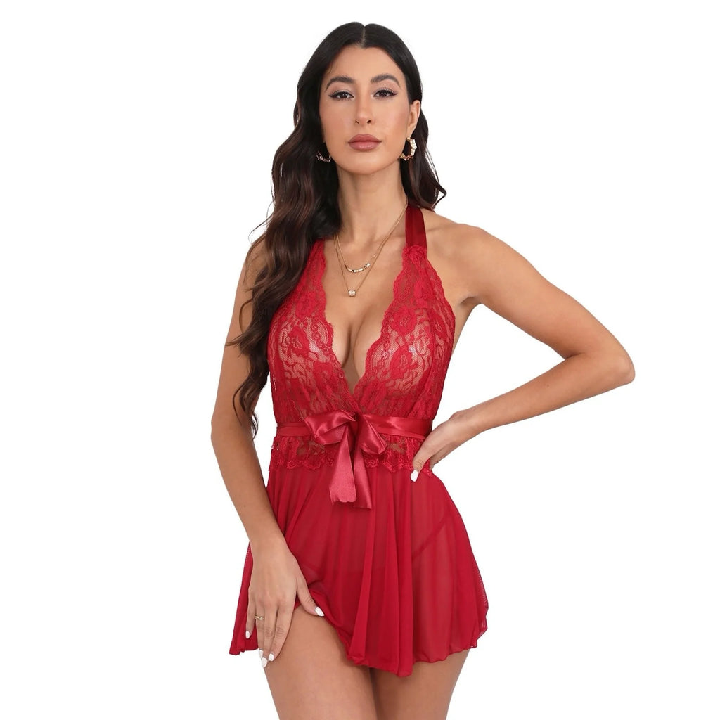 Lingerie for Women Lace Chemise Halter V Sexy Sleepwear with Garter Belt with Thong, Burgundy XL
