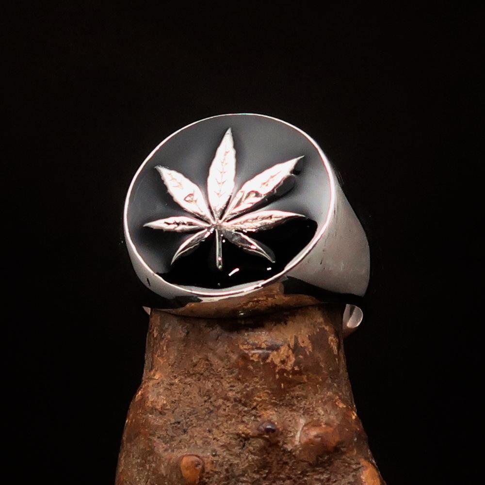 Sterling Silver Men's Ring black Marihuana Cannabis Leaf