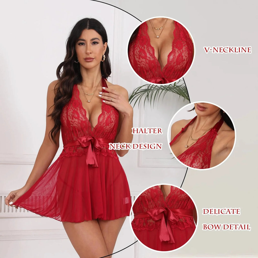 Lingerie for Women Lace Chemise Halter V Sexy Sleepwear with Garter Belt with Thong, Burgundy XL