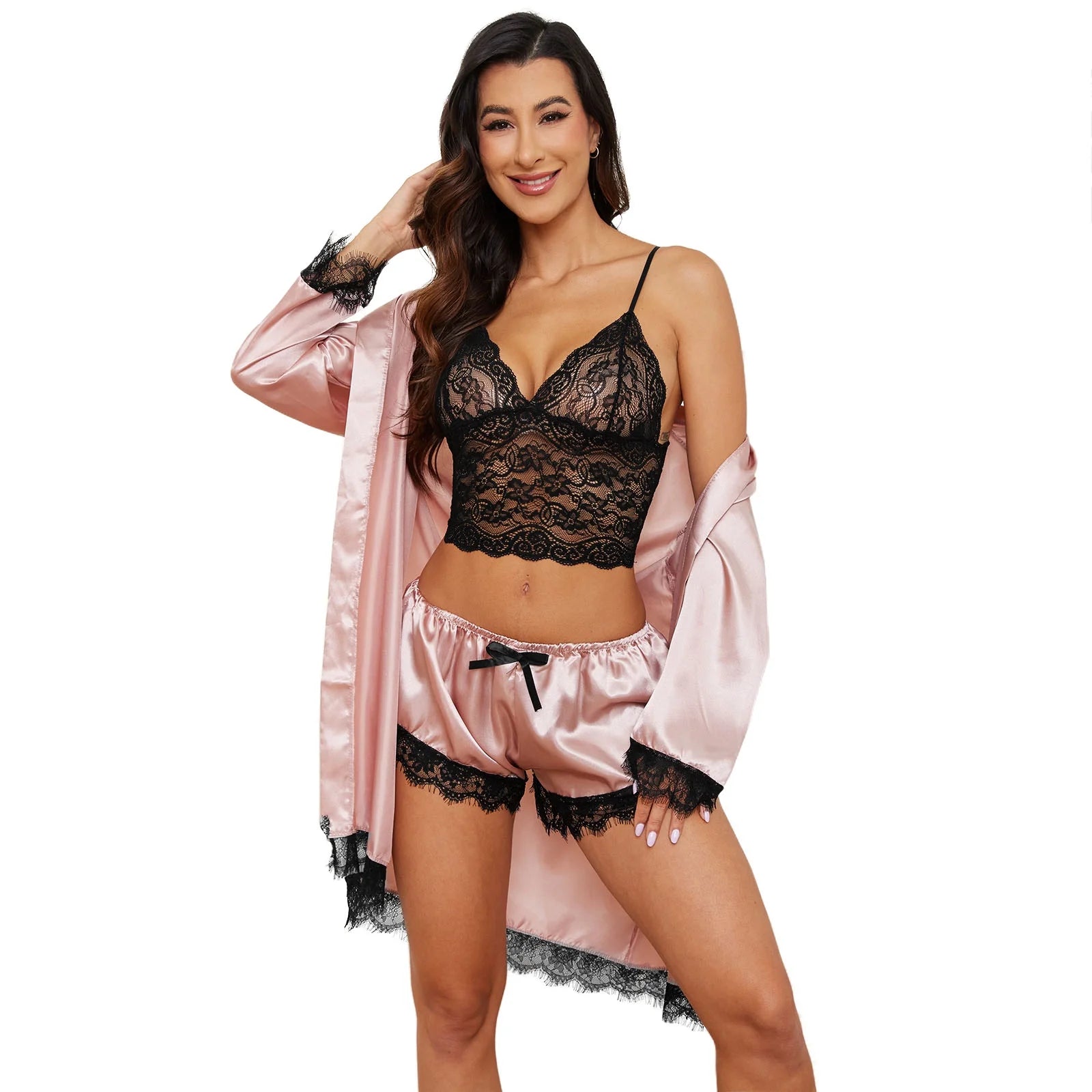 Robes for Women Satin Silk Pajamas Set 4Pcs Lace Trim Cami Sexy Lingerie Sleepwear Underwear
